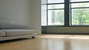 Robô aspirador WAP W90 limpando o chão de uma sala de estar moderna e iluminada.