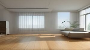 Robô aspirador de pó em funcionamento no piso de madeira de uma sala de estar moderna e iluminada.