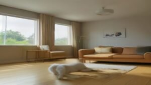 Robô aspirador de pó limpando pelos de pet em piso de madeira em sala iluminada.