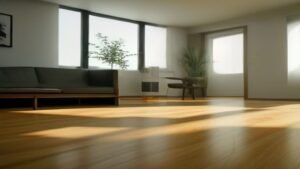 Robô aspirador WAP Robot W90 limpando o piso de uma sala de estar moderna e iluminada.