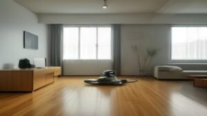 Robô aspirador WAP Robot W90 limpando o chão de uma sala de estar moderna