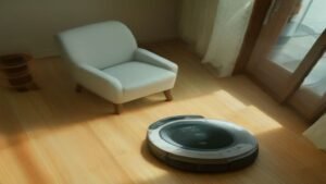Robô aspirador WAP Robot W90 limpando o chão de uma sala de estar moderna com iluminação natural.