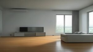 Robô aspirador WAP Robot W90 posicionado em sua base de carregamento em uma sala de estar moderna e organizada.