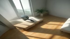 Robô aspirador WAP W90 limpando o chão de uma sala de estar moderna e organizada.