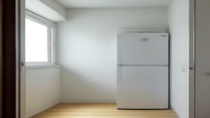 Frigobar branco compacto de 93 litros com porta aberta e interior organizado em um ambiente de escritório residencial moderno.