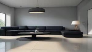 Robô aspirador preto em ação limpando o piso de porcelanato em uma sala de estar contemporânea e bem iluminada.