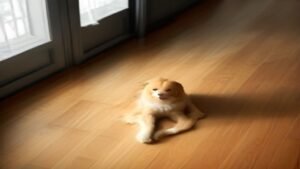 Robô aspirador Electrolux ERB10 em funcionamento em uma sala de estar com um cão ao fundo.