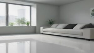 Robô aspirador de pó operando em piso frio de porcelanato brilhante em uma sala moderna e iluminada.