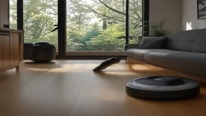 Robô aspirador de pó limpando um tapete em piso de madeira em uma sala de estar moderna.