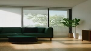 Robô aspirador inteligente limpando um piso de madeira em uma sala de estar moderna e iluminada.