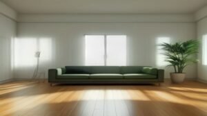 Robô aspirador compacto limpando o piso de madeira de uma sala de estar moderna e iluminada