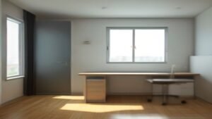 Frigobar compacto branco instalado ao lado de uma mesa de trabalho em um home office bem iluminado.