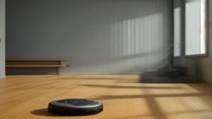 Robô aspirador de pó compacto limpando piso de madeira em uma sala de estar moderna e iluminada por luz natural.