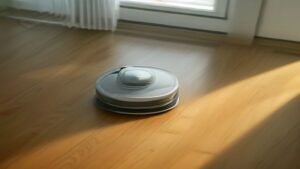 Robô aspirador Electrolux ERB10 em funcionamento em uma sala de estar moderna com piso de madeira clara.