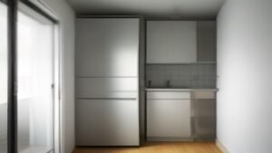 Frigobar compacto moderno instalado em um canto iluminado de uma sala de estar residencial.