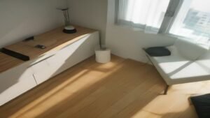 Robô aspirador Electrolux em funcionamento na sala de um apartamento moderno