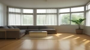 Aspirador robô Electrolux ERB10 limpando o chão de uma sala de estar moderna e organizada.