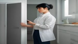 Técnico de assistência técnica realizando manutenção em frigobar compacto Electrolux ERB10 em cozinha