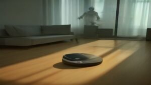 Robô aspirador Electrolux em funcionamento limpando o piso de uma sala de estar moderna e iluminada.