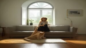 Pessoa utilizando um aspirador vertical Electrolux ERB10 para limpar pelos de cachorro em uma sala de estar.