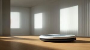 Robô aspirador circular da Electrolux limpando a poeira próxima a um rodapé em piso de madeira.