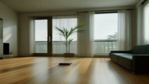 Robô aspirador Electrolux ERB10 operando em uma sala de estar, tocando suavemente um móvel para desviar o caminho.