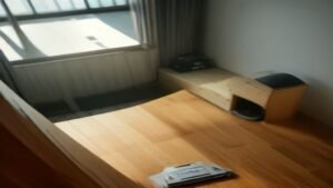 Robô aspirador Electrolux posicionado na borda de um degrau de escada em uma sala iluminada.