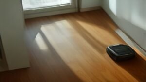 Robô aspirador Electrolux ERB10 em funcionamento em uma sala de estar moderna com piso de madeira.