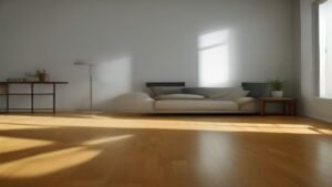 Robô aspirador de perfil baixo limpando o piso de madeira clara em uma sala de estar moderna e bem iluminada.