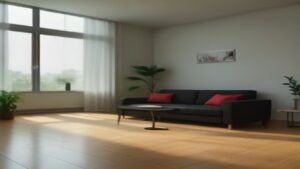 Aspirador robô compacto vermelho e preto limpando o piso de madeira de uma sala de estar iluminada.