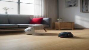 Robô aspirador vermelho e preto limpando o piso de madeira em uma sala de estar moderna e bem iluminada.