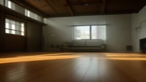 Robô aspirador de pó vermelho e preto limpando piso de madeira em sala de estar moderna.