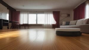 Robô aspirador de pó limpo e compacto em funcionamento sobre piso de madeira claro em sala de estar.