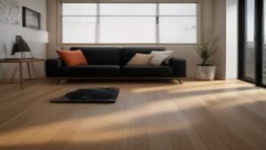 Robô aspirador de pó compacto limpando piso de madeira clara em uma sala de estar moderna e bem iluminada.