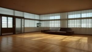 Robô aspirador de pó vermelho e preto limpando piso de madeira claro em uma sala de estar moderna e ensolarada.
