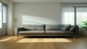 Robô aspirador Mondial RB-01 limpando o piso de uma sala de estar moderna e iluminada.