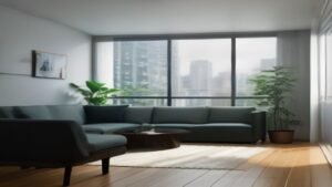 Robô aspirador de pó limpando o piso de madeira clara de uma sala de apartamento moderno