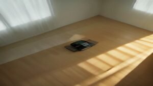 Robô aspirador trabalhando em uma sala de estar ampla e moderna.