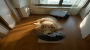 Robô aspirador Mondial RB-01 operando em sala de estar enquanto um cachorro Golden Retriever observa.
