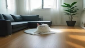 Aspirador robô Mondial RB-01 limpando o chão em uma sala de estar com um gato por perto
