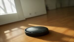 Robô aspirador compacto em funcionamento em um piso de madeira em uma sala de estar limpa e iluminada.