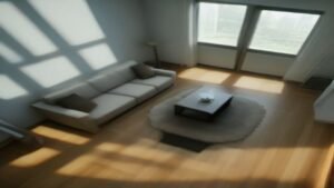 Robô aspirador Mondial RB-01 realizando a limpeza em uma sala de estar moderna