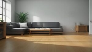 Robô aspirador Mondial RB-01 limpando o piso de uma sala de estar moderna e organizada.