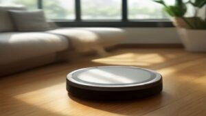 Robô aspirador Mondial RB-01 sendo ligado manualmente em uma sala de estar moderna.