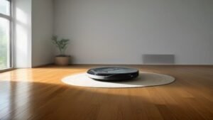 Robô aspirador sendo ligado manualmente em uma sala de estar limpa e iluminada.