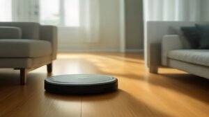 Robô aspirador Mondial RB-01 posicionado em uma sala de estar moderna e iluminada.