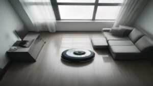 Robô aspirador compacto trabalhando em piso de madeira em uma sala de estar moderna e limpa.