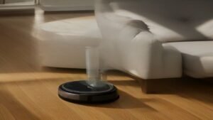 Robô aspirador Mondial RB-01 operando em uma sala de estar limpa e iluminada.
