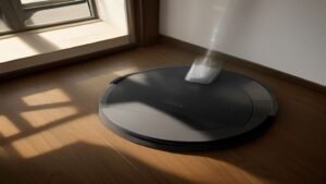 Robô aspirador Mondial RB-01 limpando um piso de madeira em uma sala de estar iluminada.