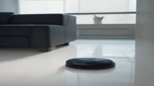 Robô aspirador Mondial trabalhando sobre um piso frio de porcelanato em uma sala de estar iluminada.